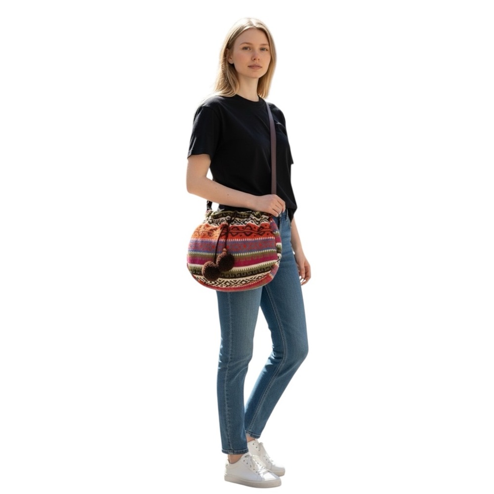 BOHO Colorful Knit Medium Shoulder Bag with Brown Tassels - Picture 1 of 12